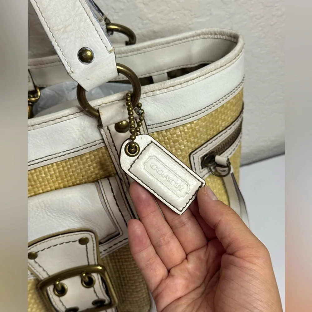 Vintage Y2K COACH White Leather Trim Tote Handbag LEGACY w Natural Straw Purse